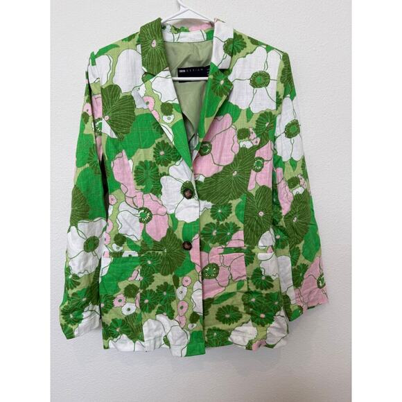 ASOS DESIGN 4 Petite slimline tie back linen mix suit blazer retro floral print - Picture 1 of 6